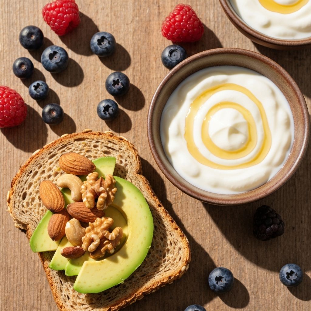 Close-up of nutrient-dense snacks including nuts, berries, yogurt, and vegetables