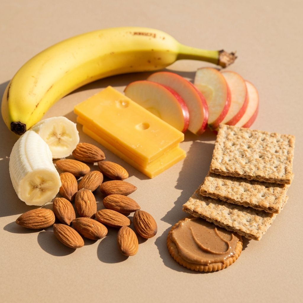 Balanced snack combination with banana, almonds, and apple