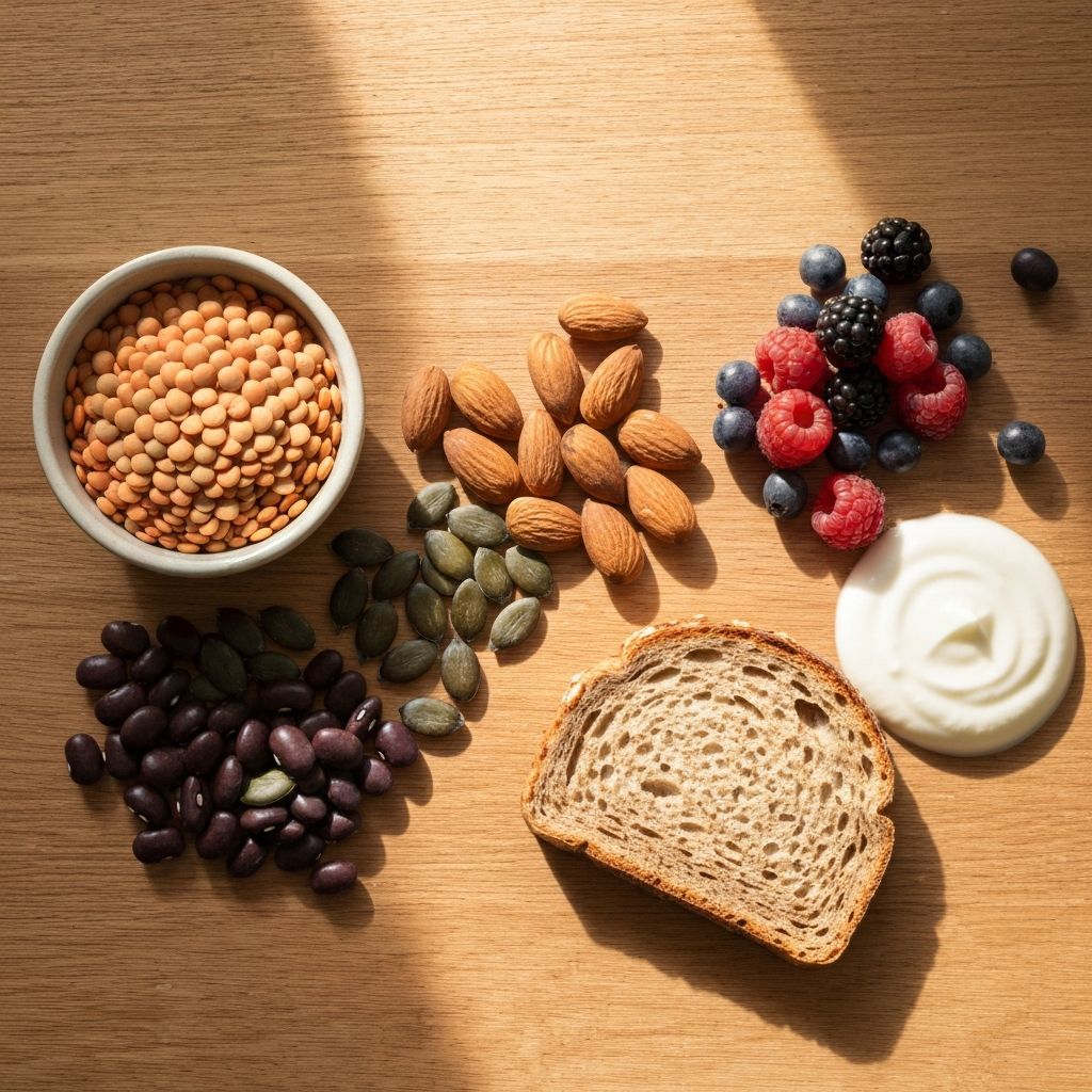 High-fiber and protein foods including nuts, seeds, and legumes